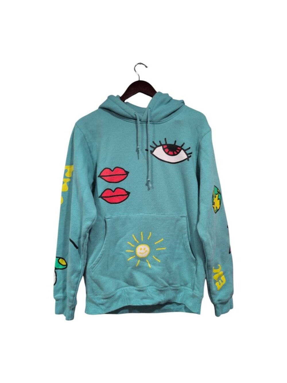 Insomniac Hoodie Sweatshirt Teal Pullover Graphic Print Mushrooms Lips Eyes Sz S